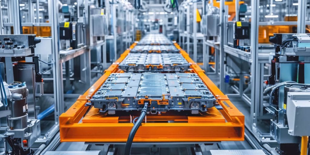 Nowa bateria do samochodu elektrycznego na taśmie montażowej